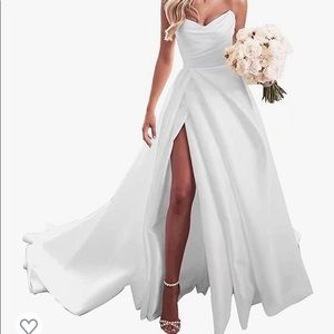 Strapless Satin Prom Dress Long Ruched Ball Gown with Slit Formal Wedding Dress